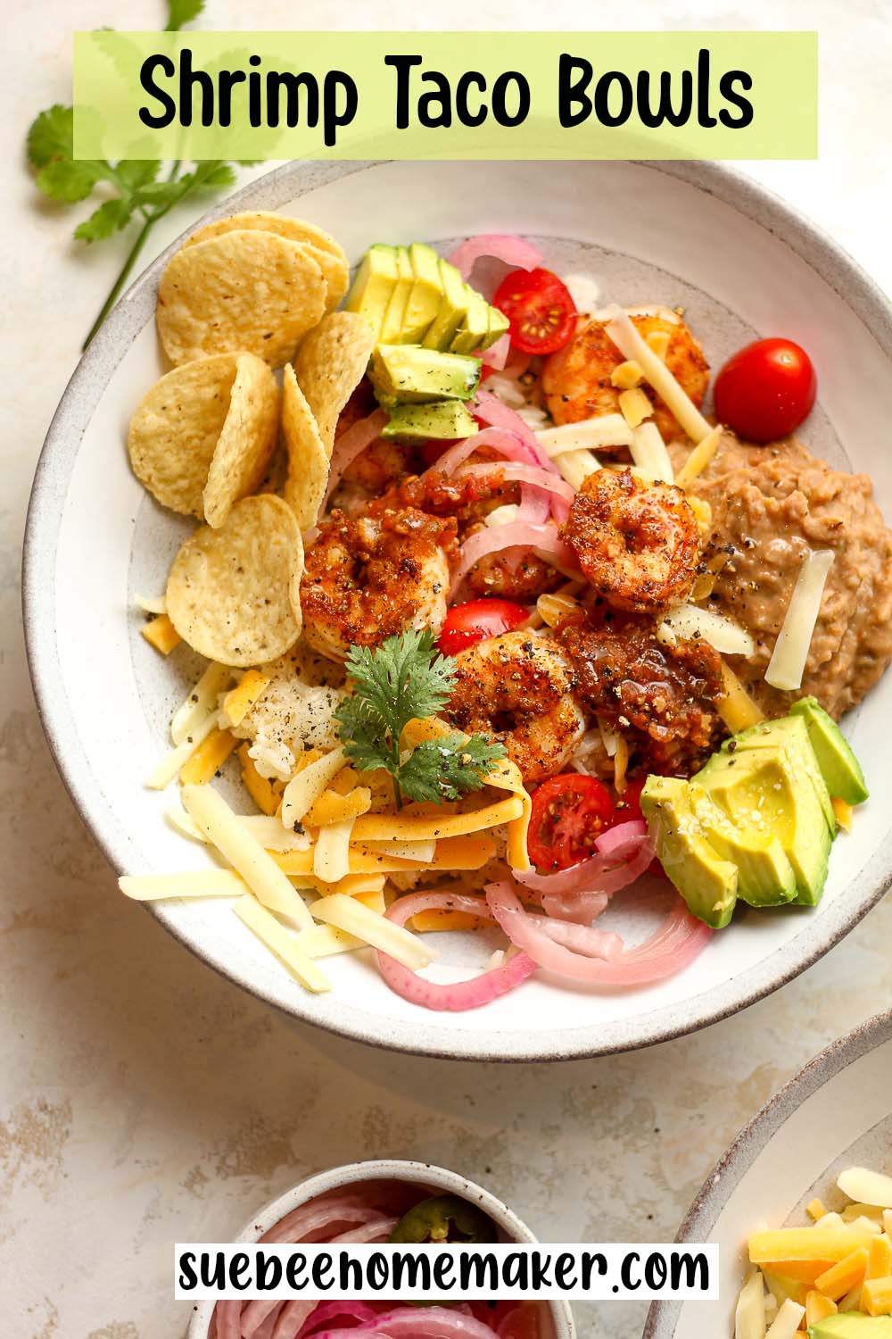 A shrimp taco bowl with avocado.