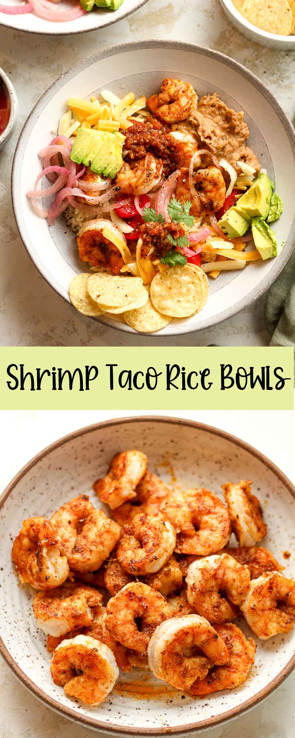 A collage of photos for shrimp taco rice bowls.