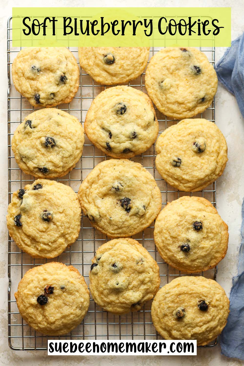 A baking rack with soft blueberry cookies.