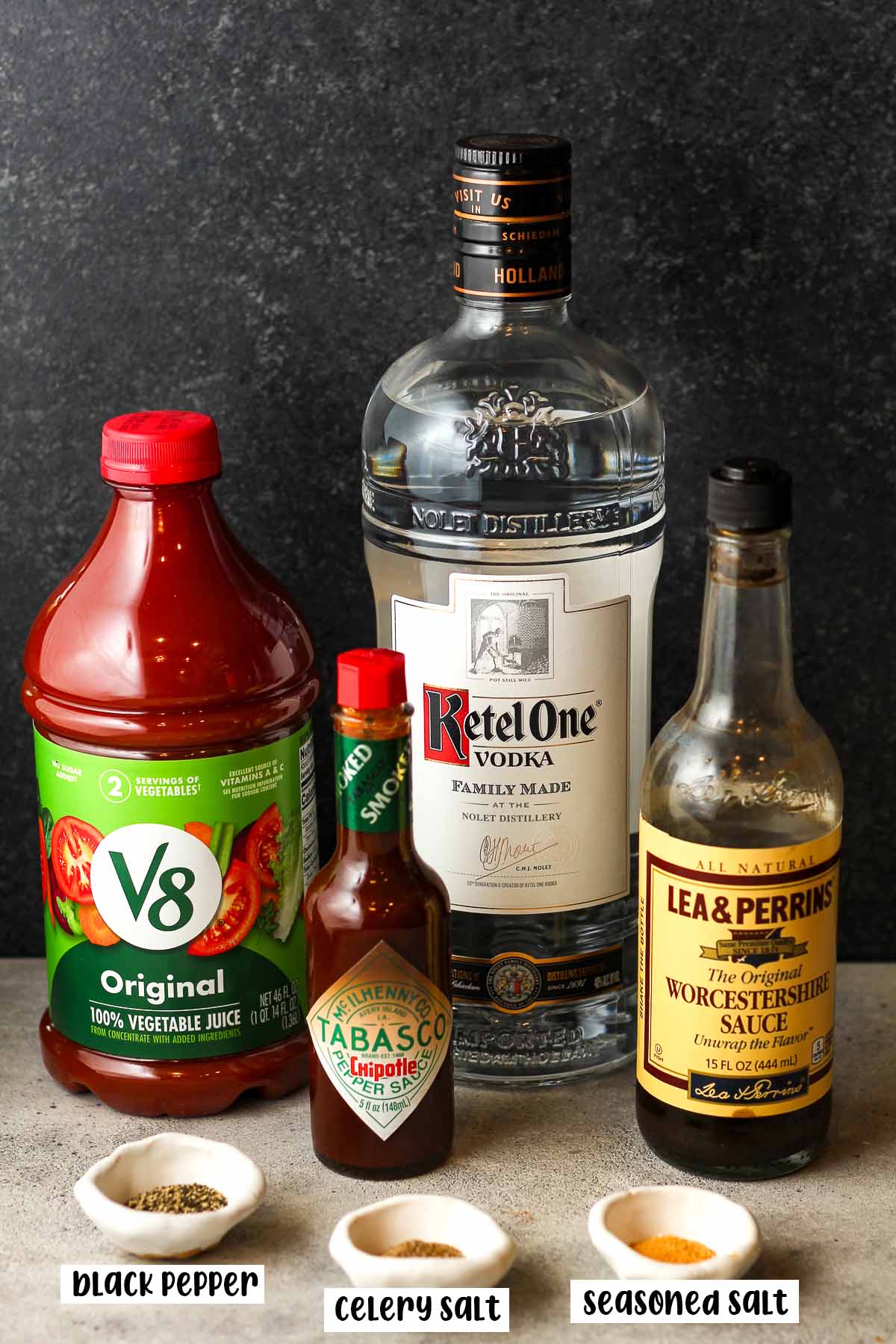 The ingredients for Bloody Mary drinks.
