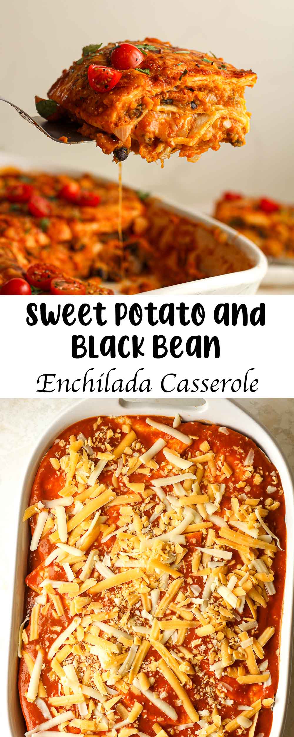 A collage of photos for sweet potato and black bean enchilada casserole.