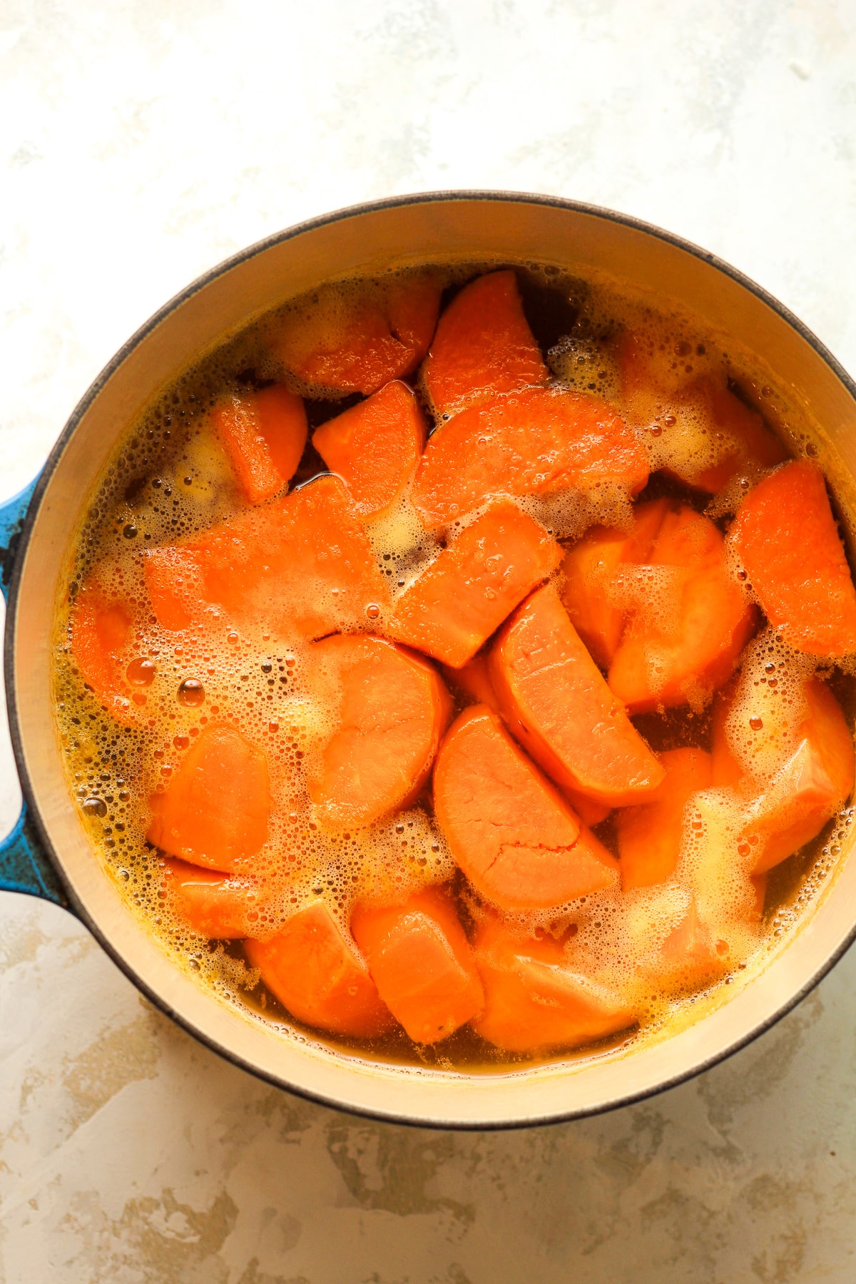 A pot of the boiled sweet potatoes.