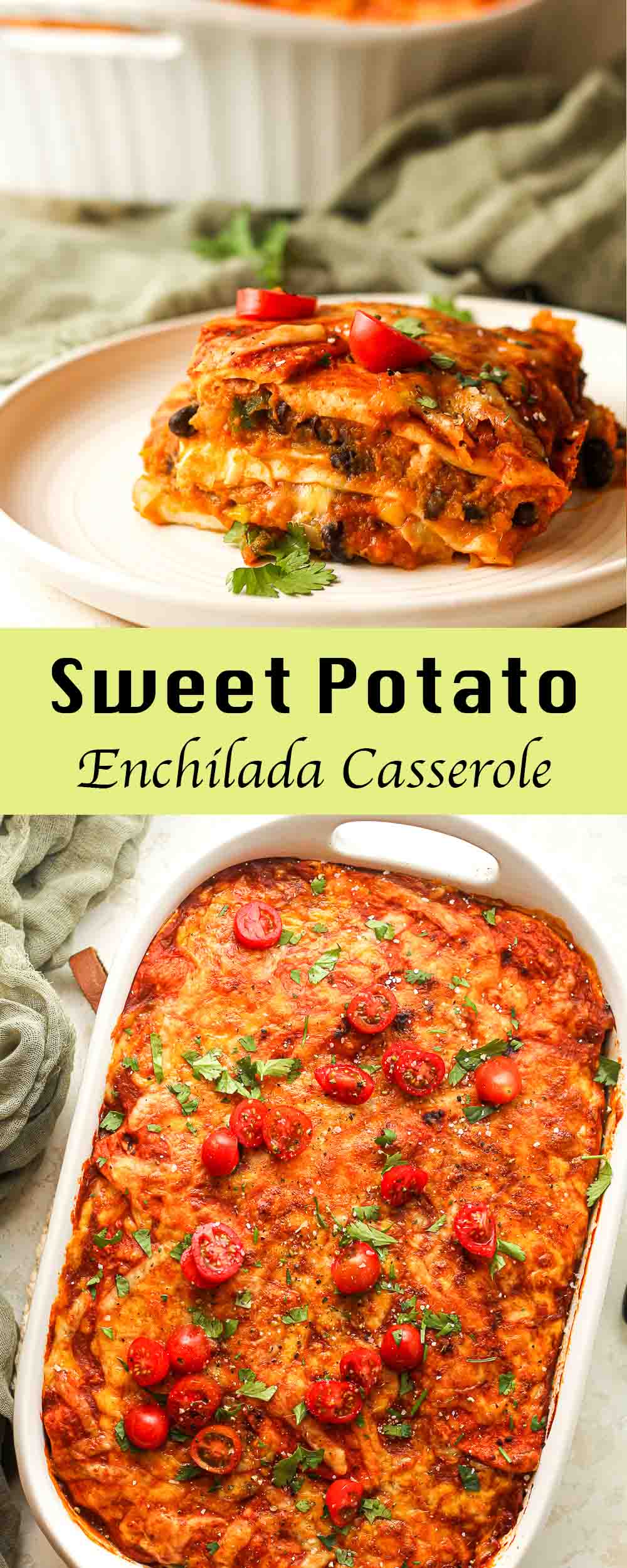 A collage of photos for sweet potato enchilada casserole.