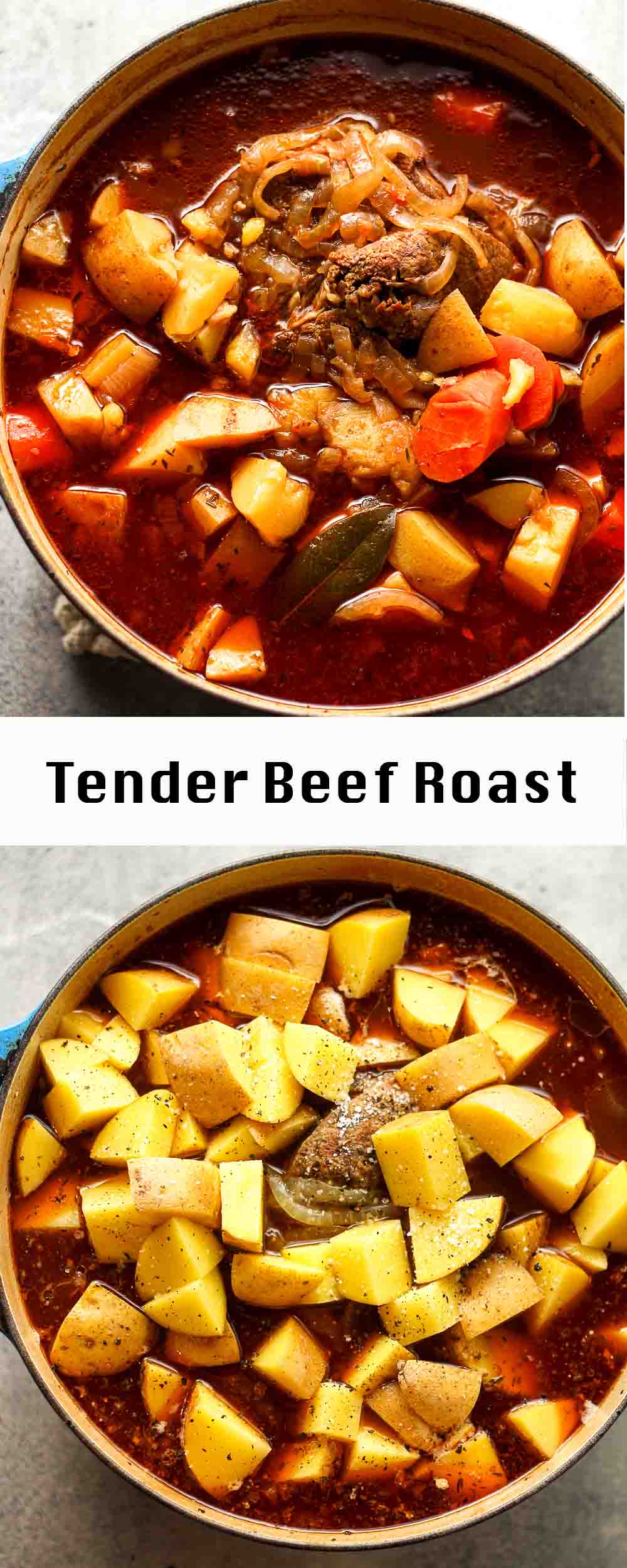 Two photos of the tender beef roast in a dutch oven.