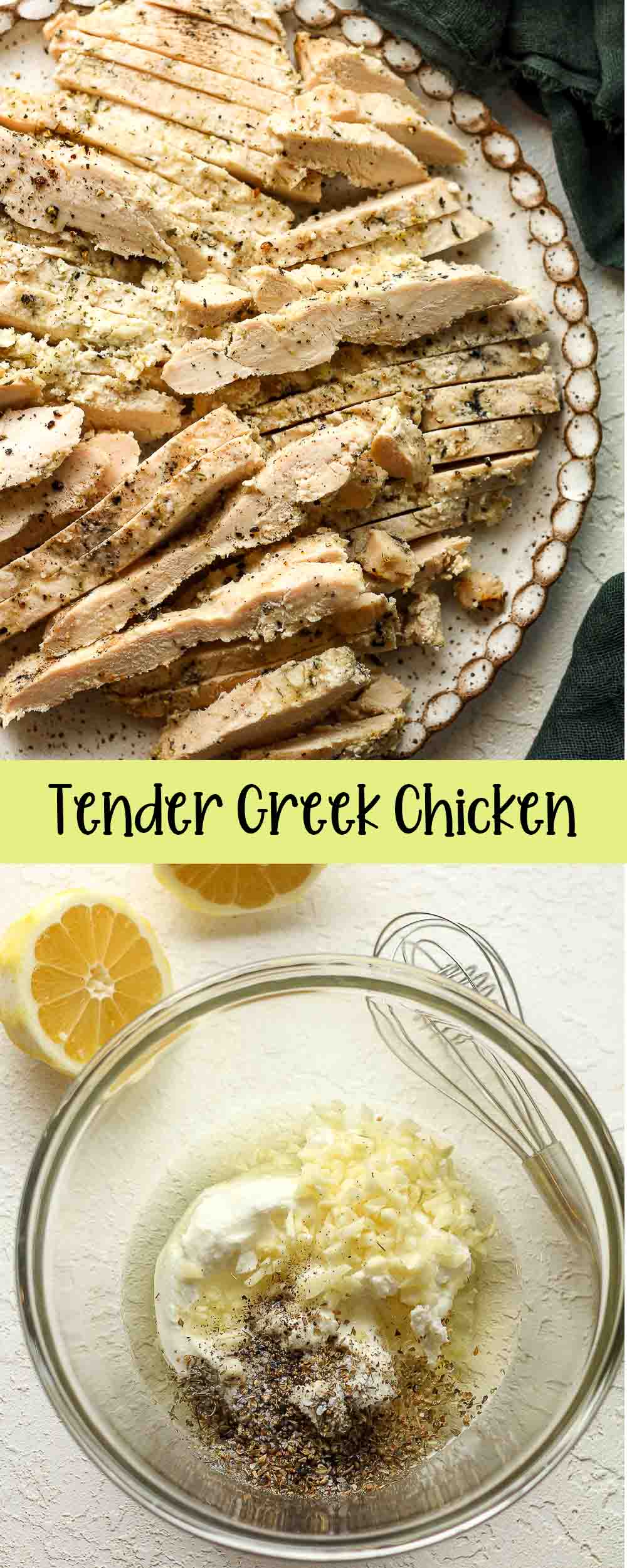 A large plate of the Tender Greek Chicken and a bowl of the marinade.