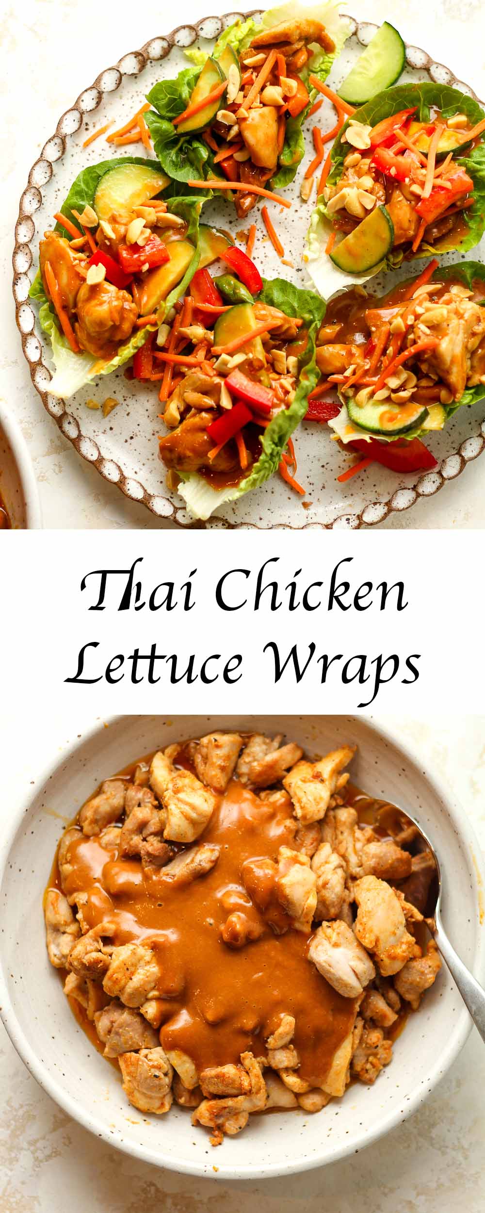 A collage of pictures for Thai chicken lettuce wraps.