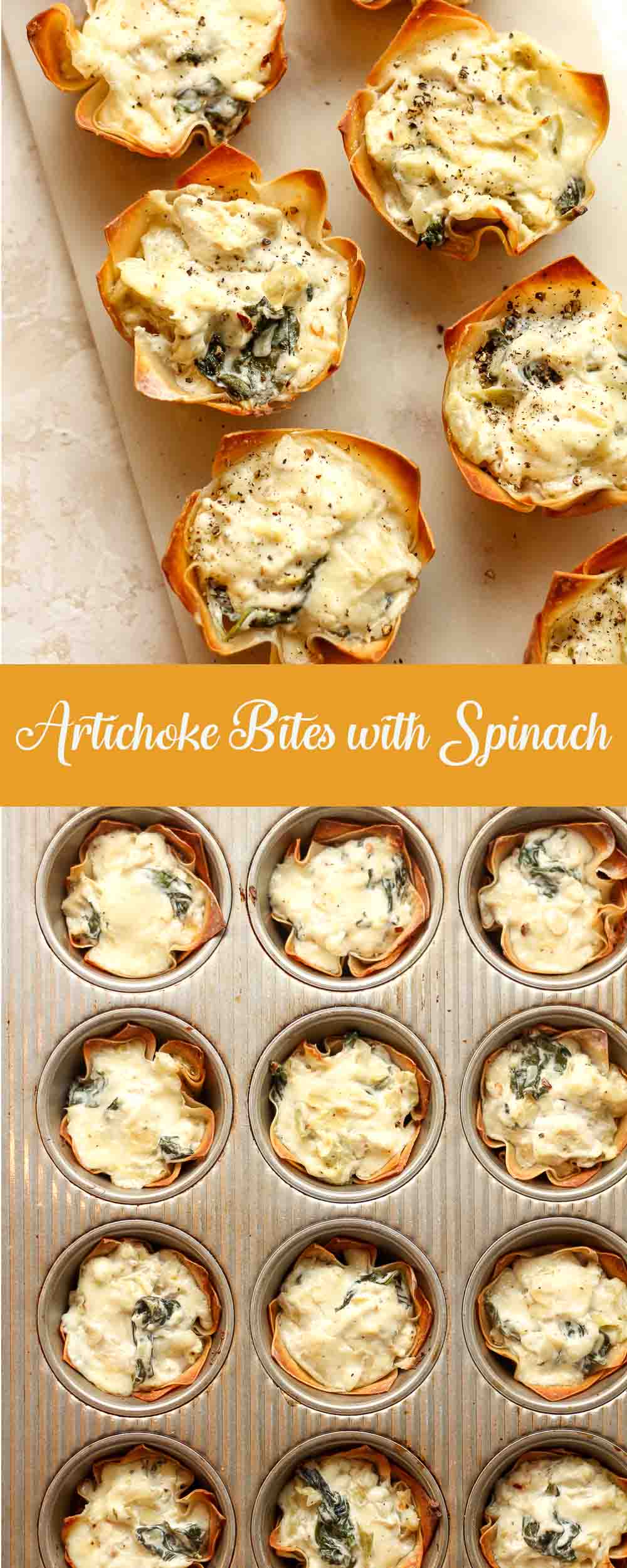 Two photos - a tray of artichoke bites with spinach and another of the just baked bites in a cupcake pan.