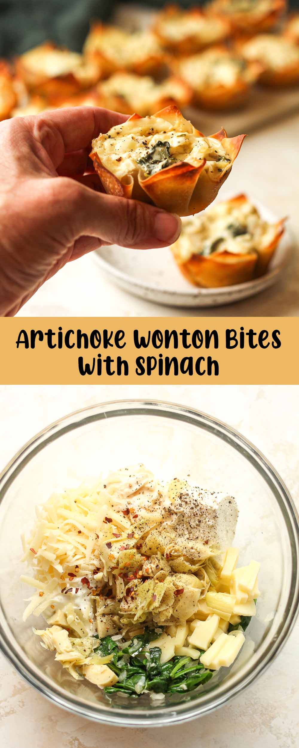 Two photos - one of my hand holding a wonton bite and the other of a bowl of the artichoke mixture.