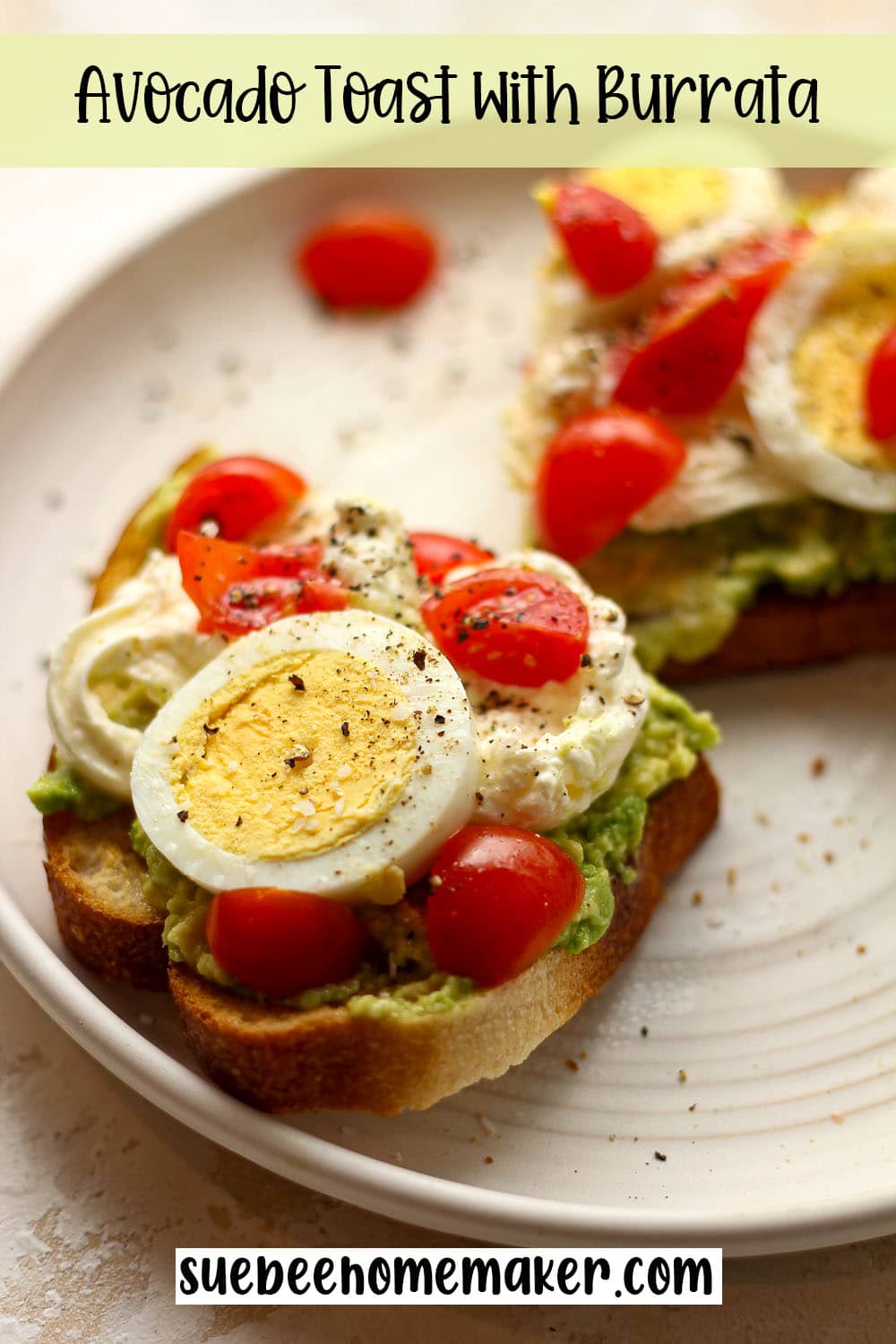 A halved slice of avocado toast with burrata.