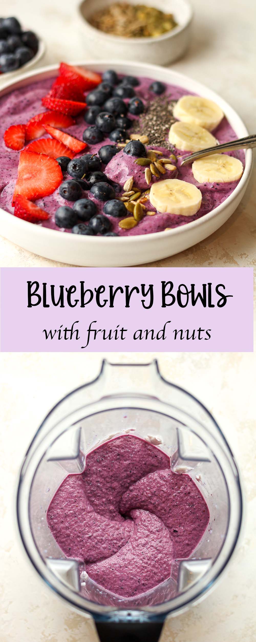 Two photos - side view of a blueberry bowl with fruit and a blender of blueberry smoothies.