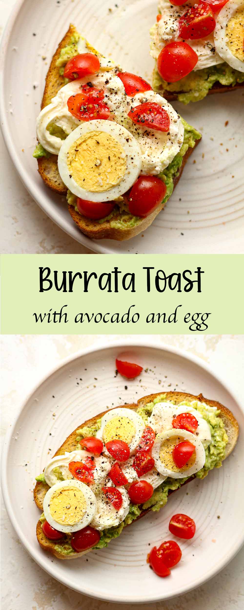 A collage of burrata toast with avocado and egg.