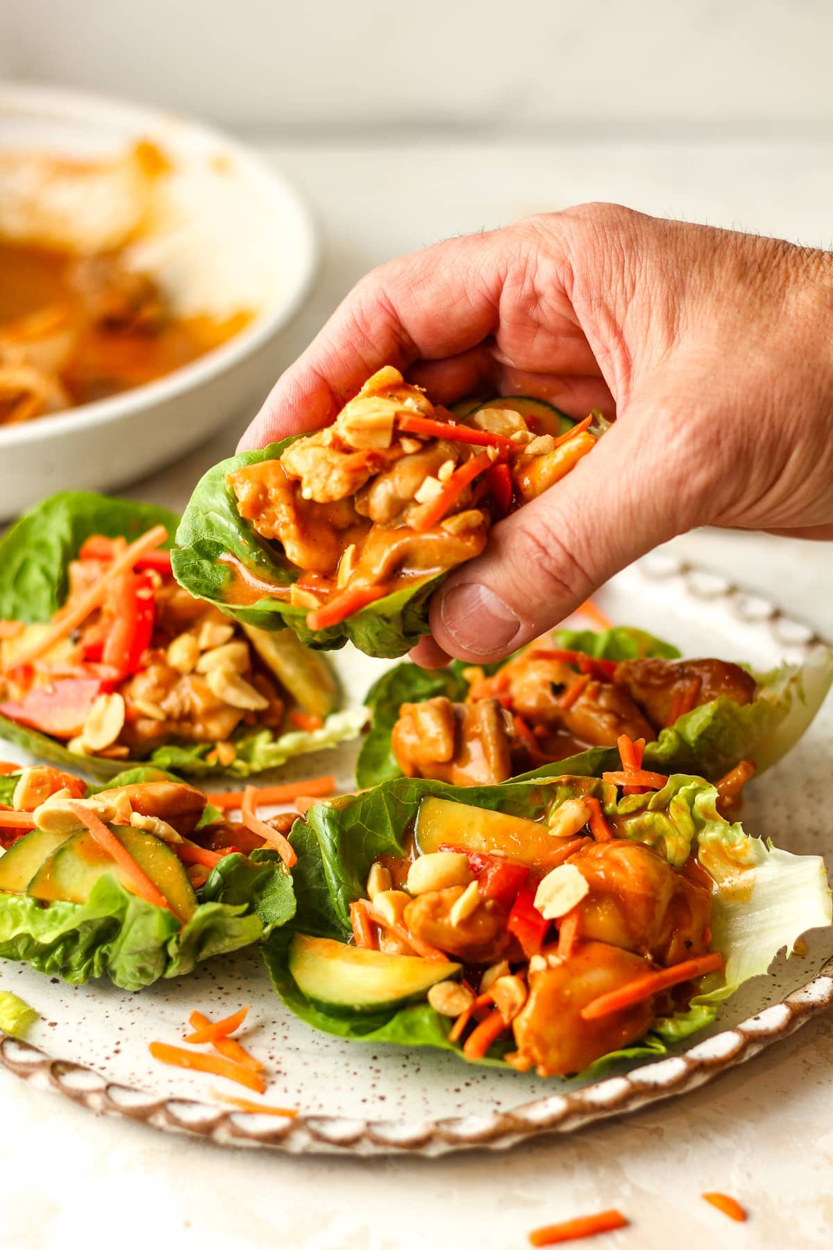 A hand holding a chicken lettuce wrap.