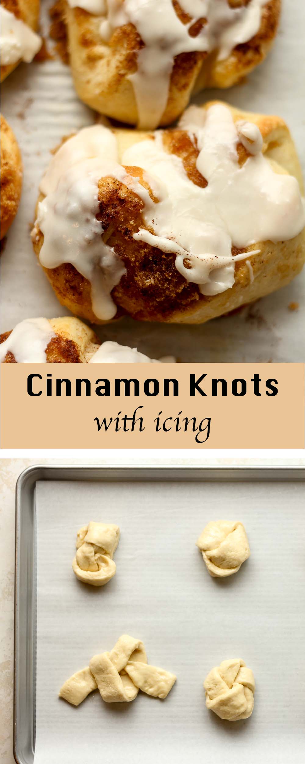 Two photos of cinnamon knots with icing.