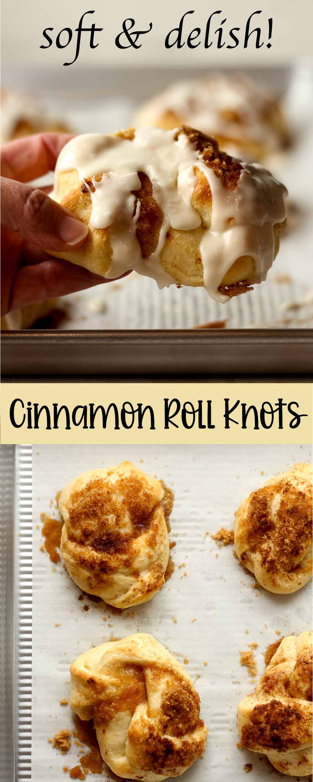 Two photos of cinnamon roll knots.