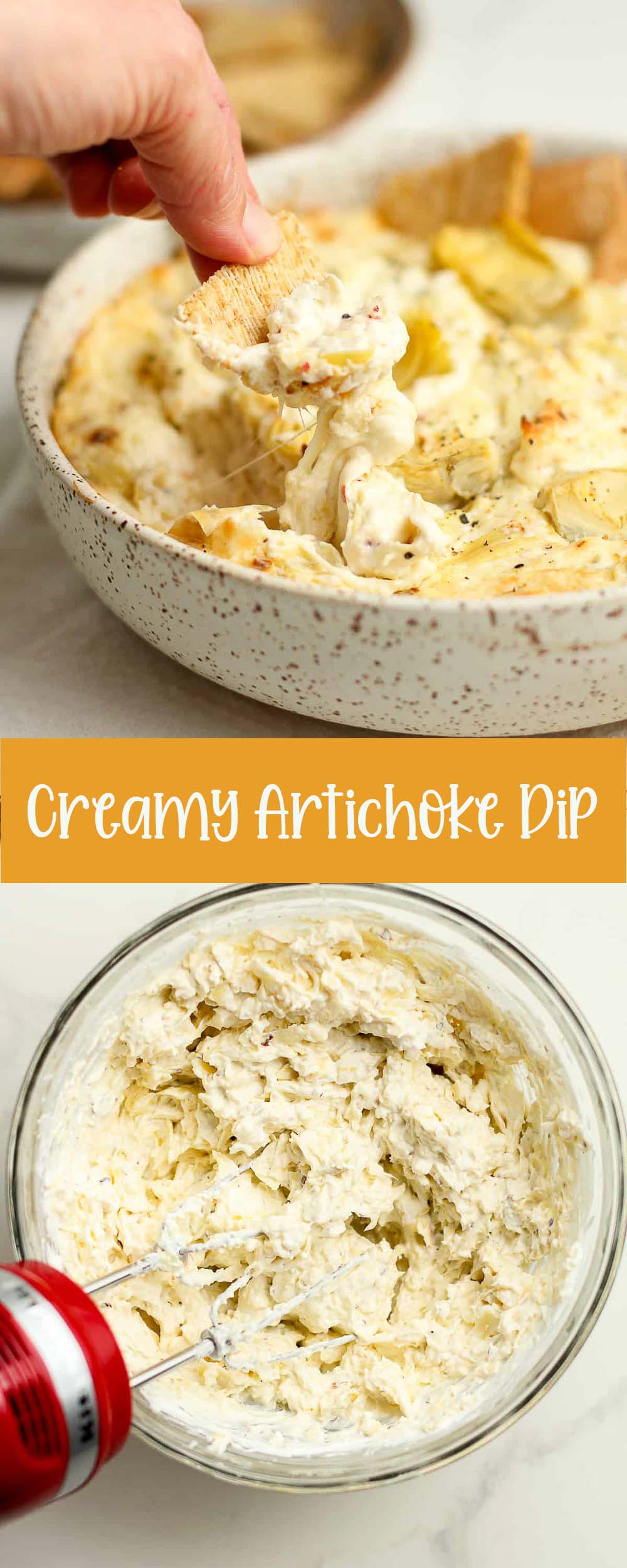Two photos of creamy artichoke dip.