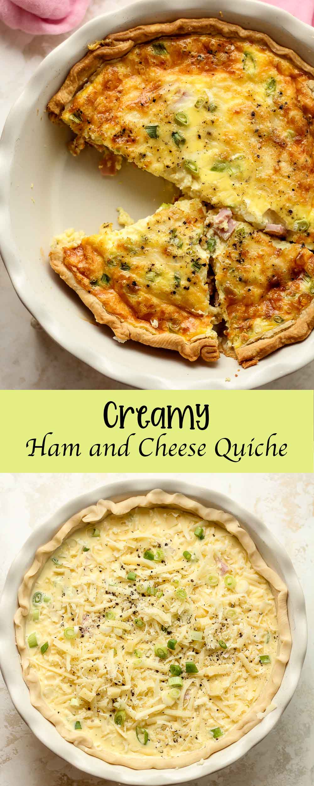 Two photos for creamy ham and cheese quiche.