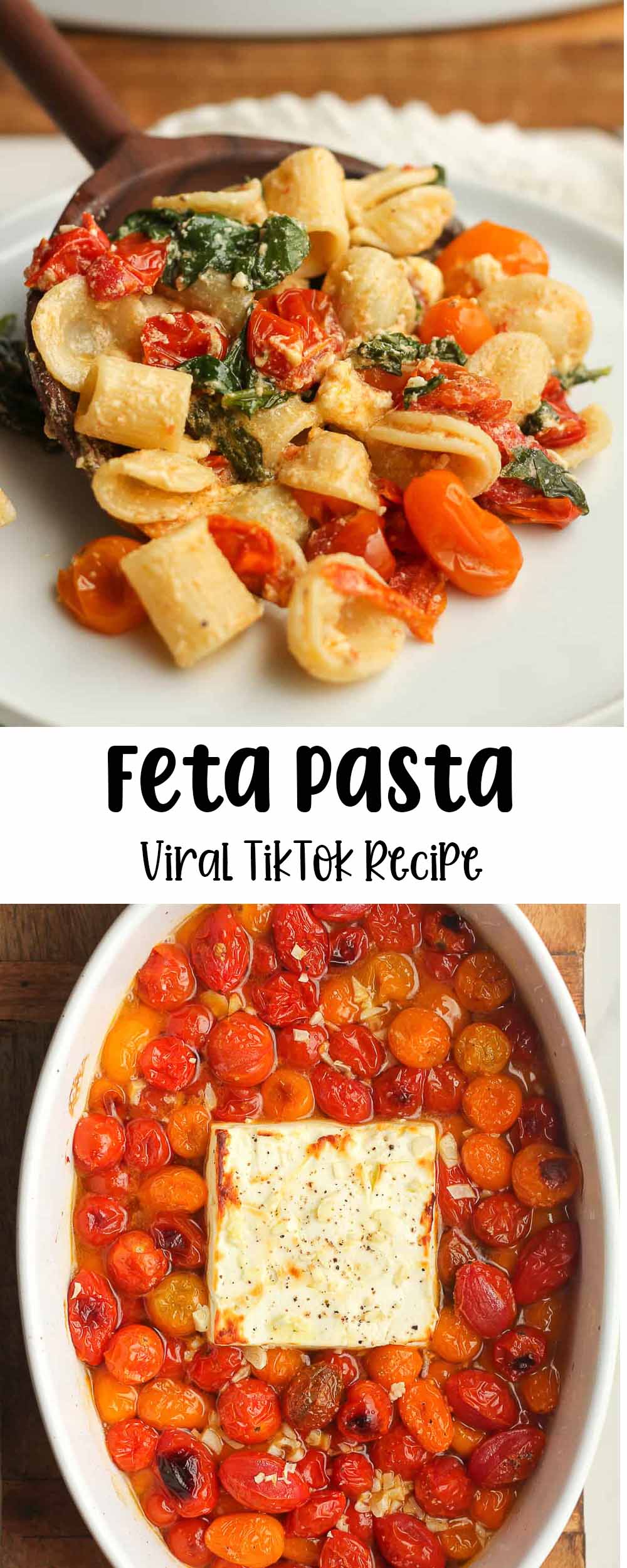 A collage of photos for feta pasta, the viral Tiktok recipe.