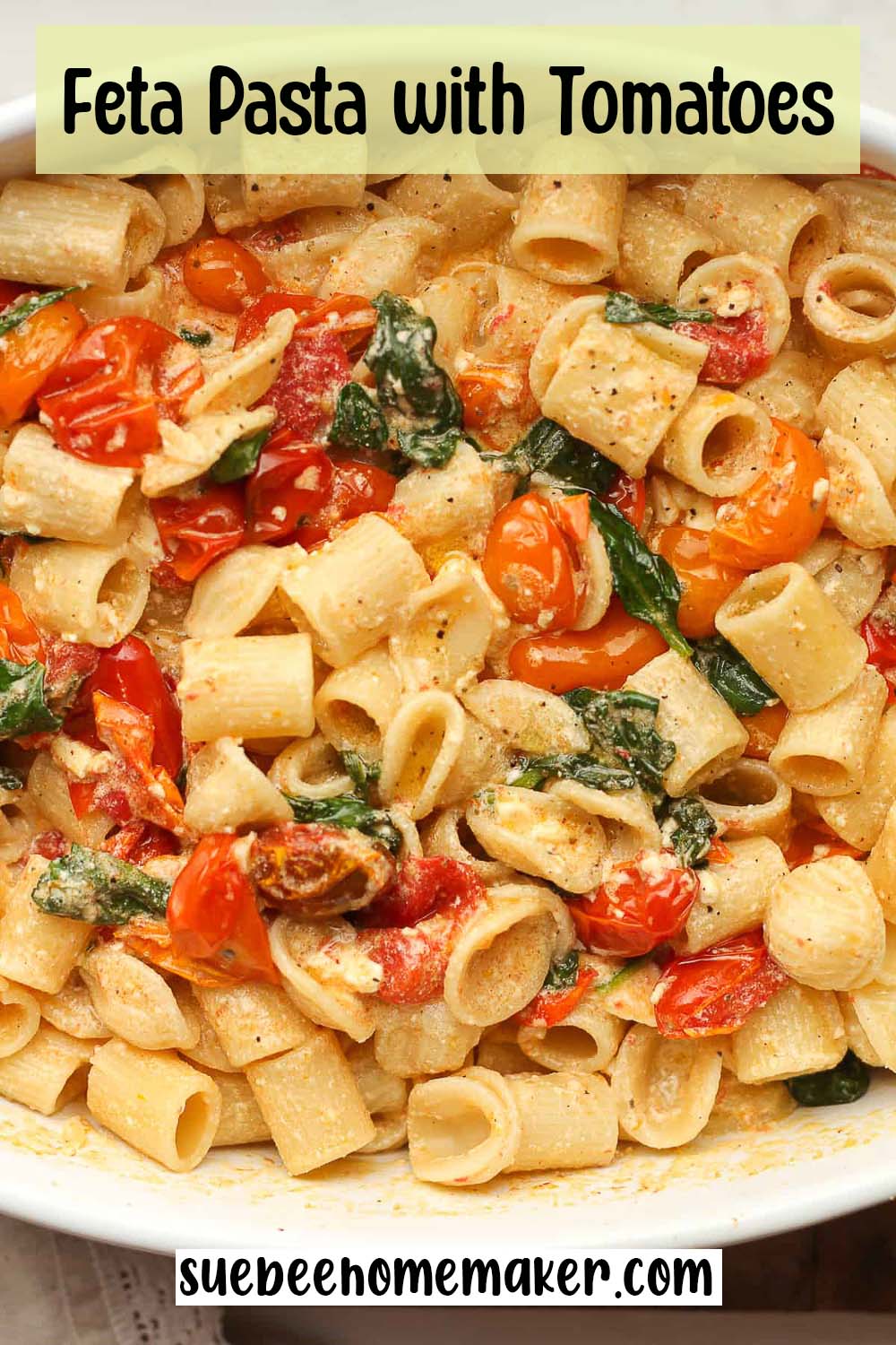 Closeup view of feta pasta with tomatoes.