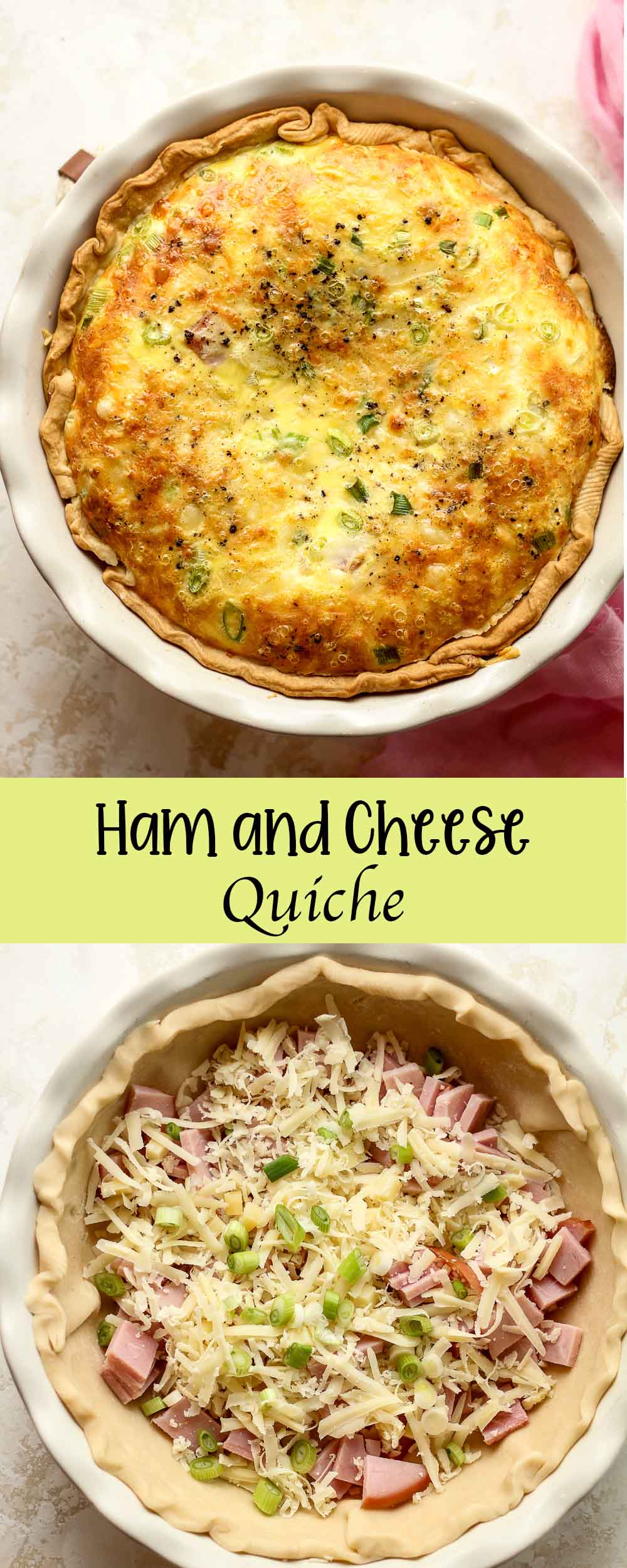 Two photos of ham and cheese quiche.
