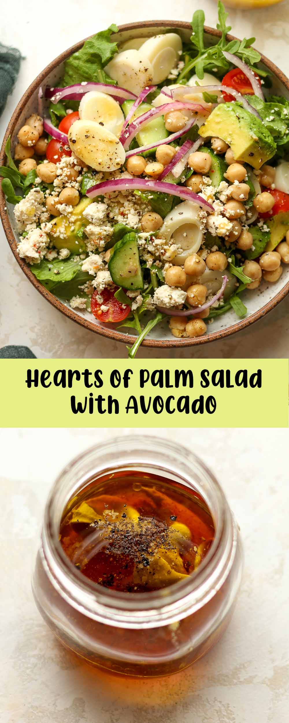 A collage of photos for hearts of palm salad with avocado.