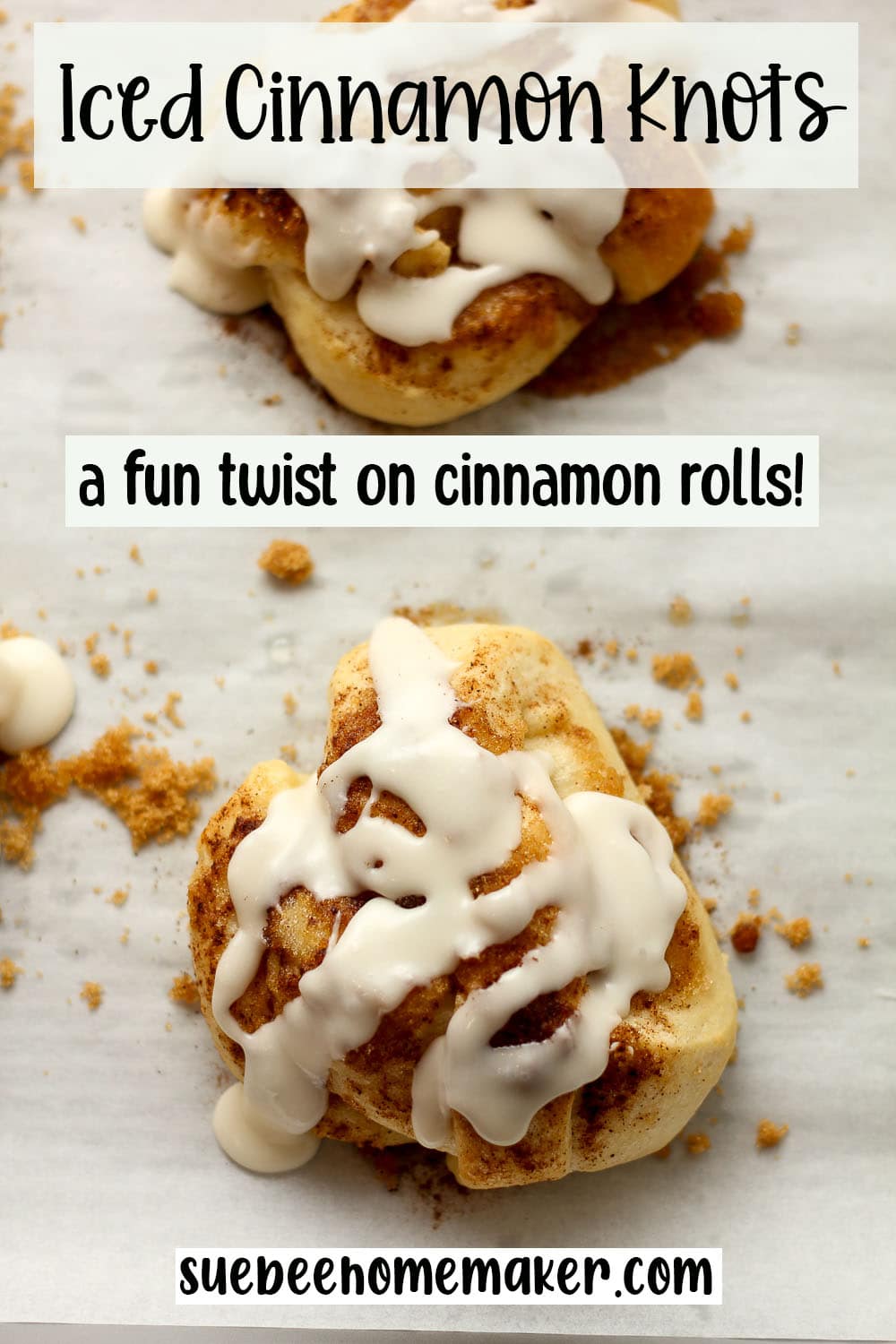 Two iced cinnamon knots with icing.