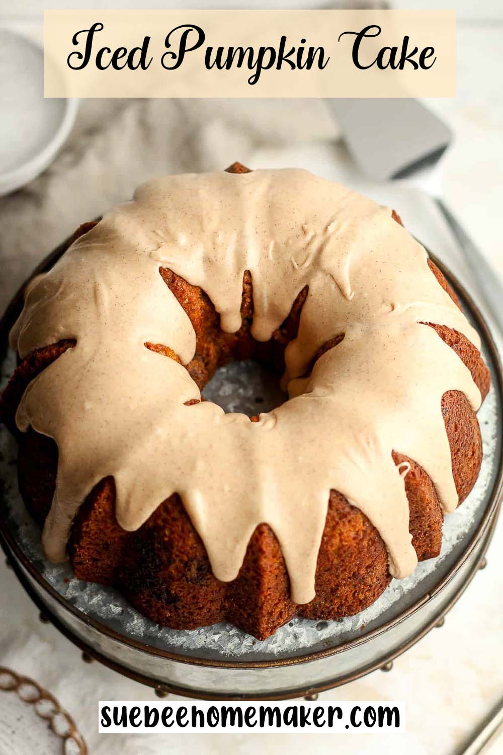 Overhead view of an iced pumpkin cake.