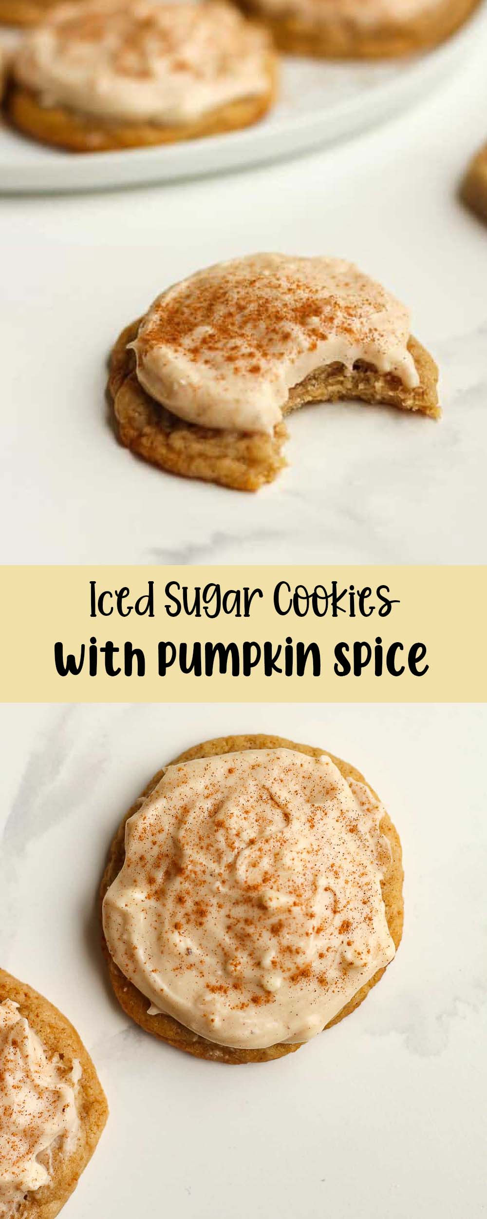 Two photos of iced sugar cookies with pumpkin spice.