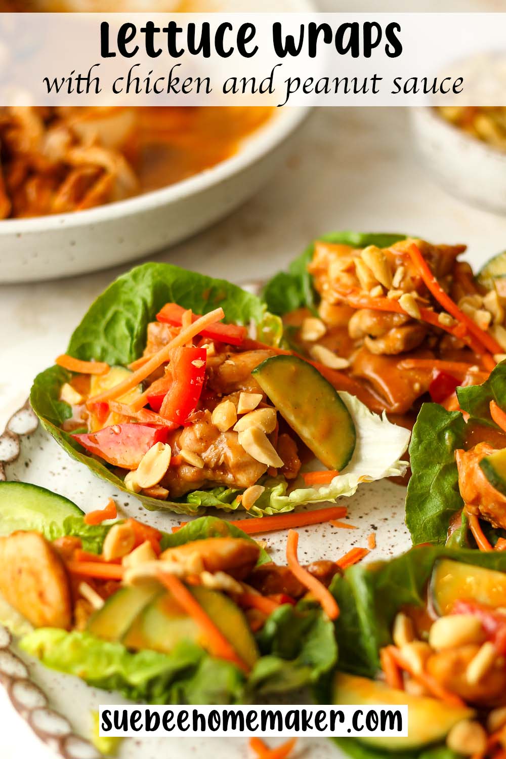 Side view of a plate of lettuce wraps with chicken and peanut sauce.