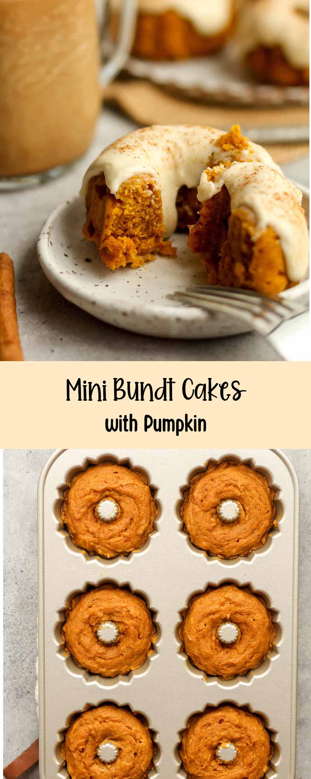 Two photos of mini bundt cakes with pumpkin.