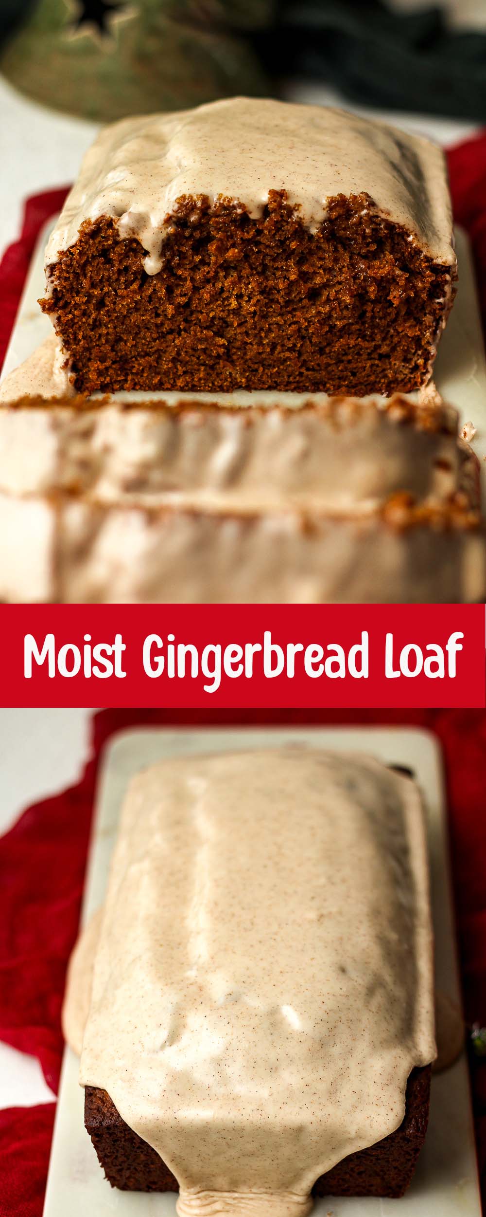A collage of photos for moist gingerbread loaf.