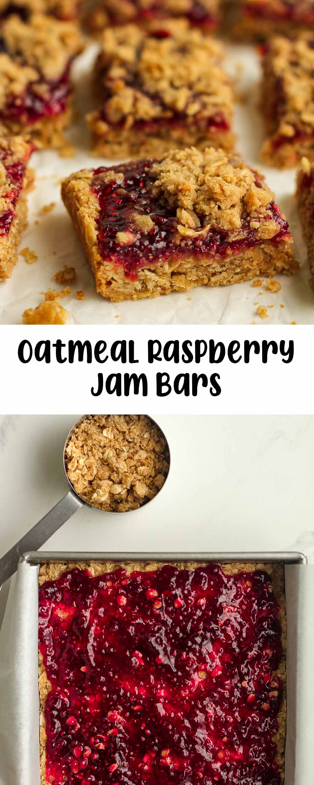 Two photos of oatmeal raspberry jam bars.