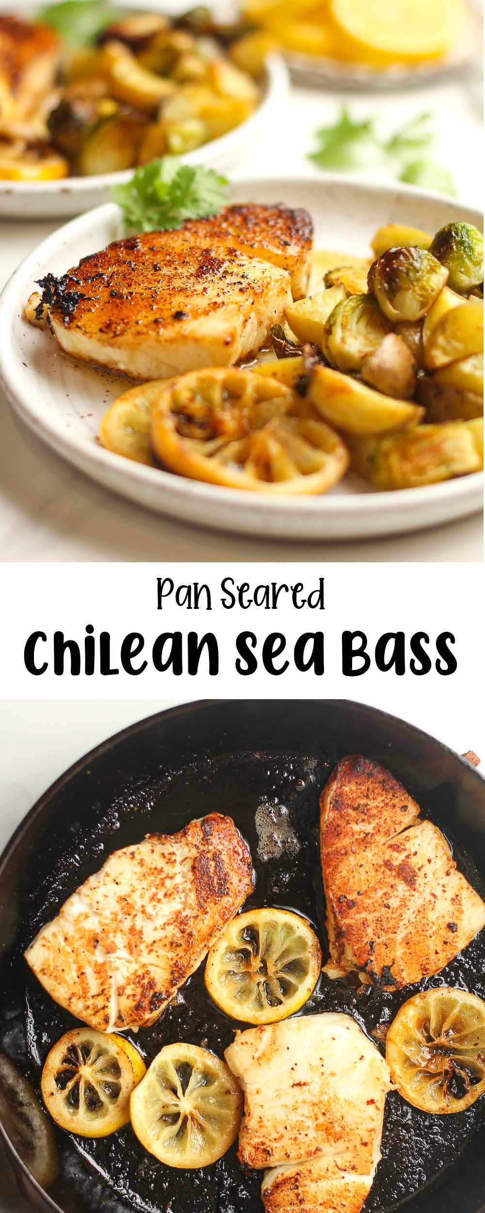 A collage of photos for pan seared chilean sea bass.