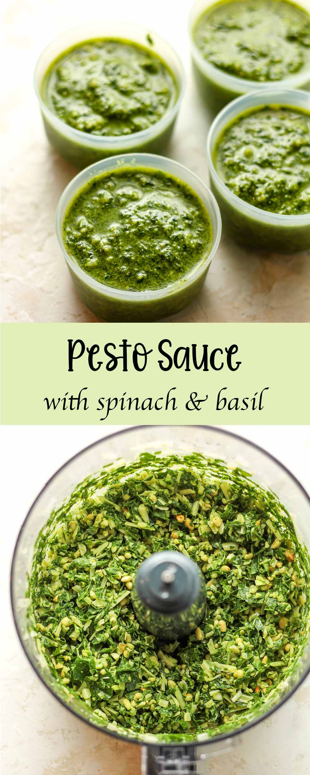 A collage of pesto sauce with spinach and basil.
