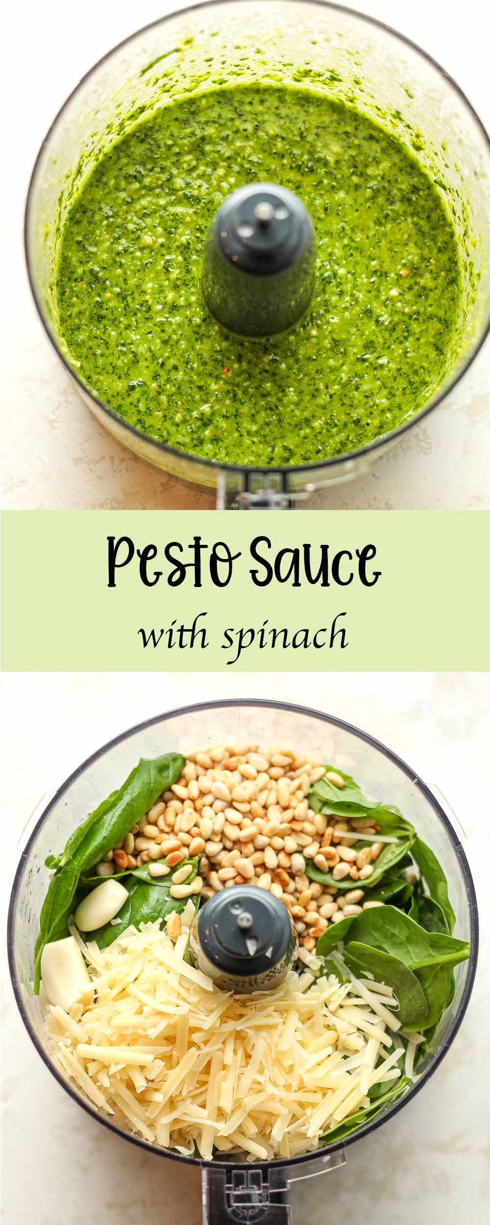 A collage of pesto sauce with spinach.
