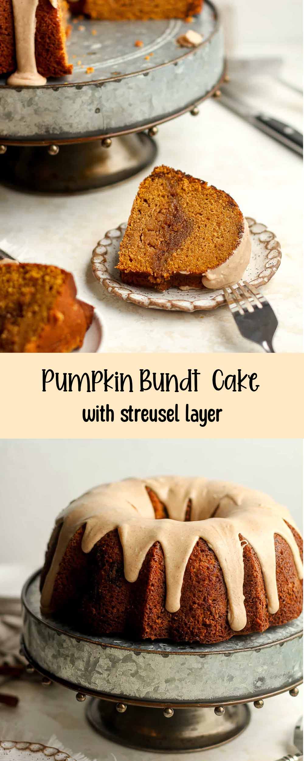 Two photos of a pumpkin bundt cake with streusel layer.