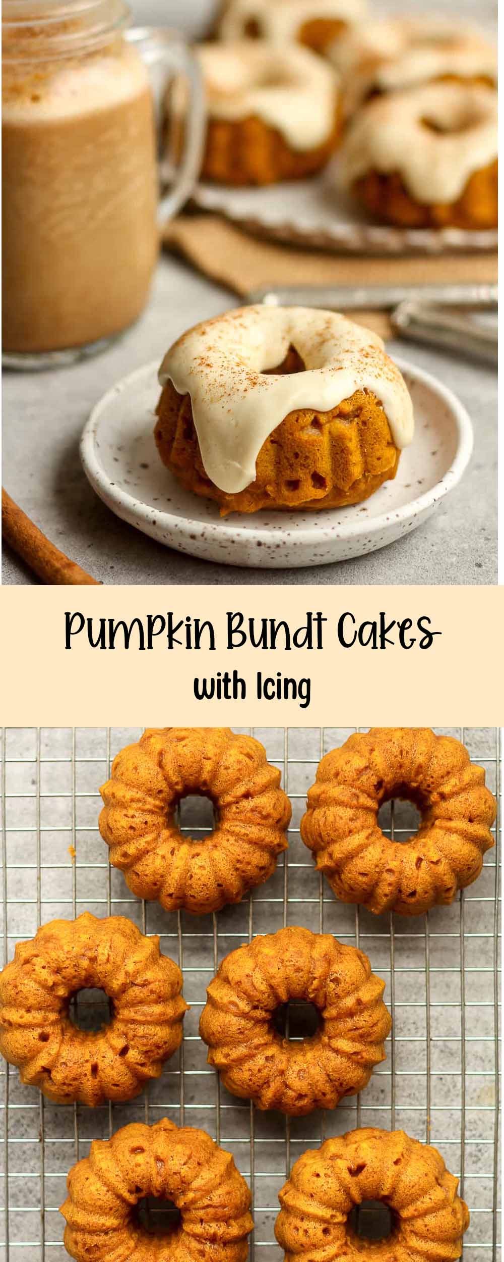 Two photos of pumpkin bundt cakes with icing.