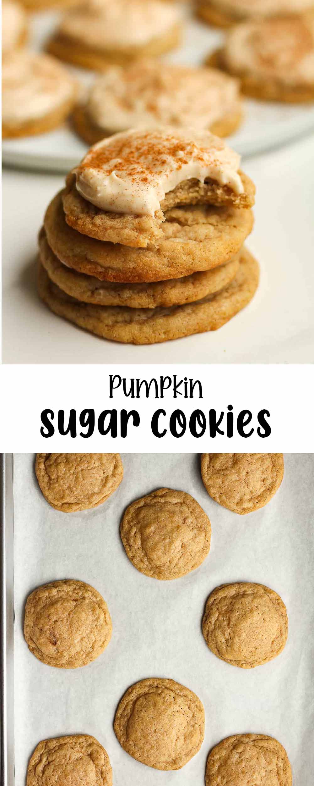 Two photos of pumpkin sugar cookies.