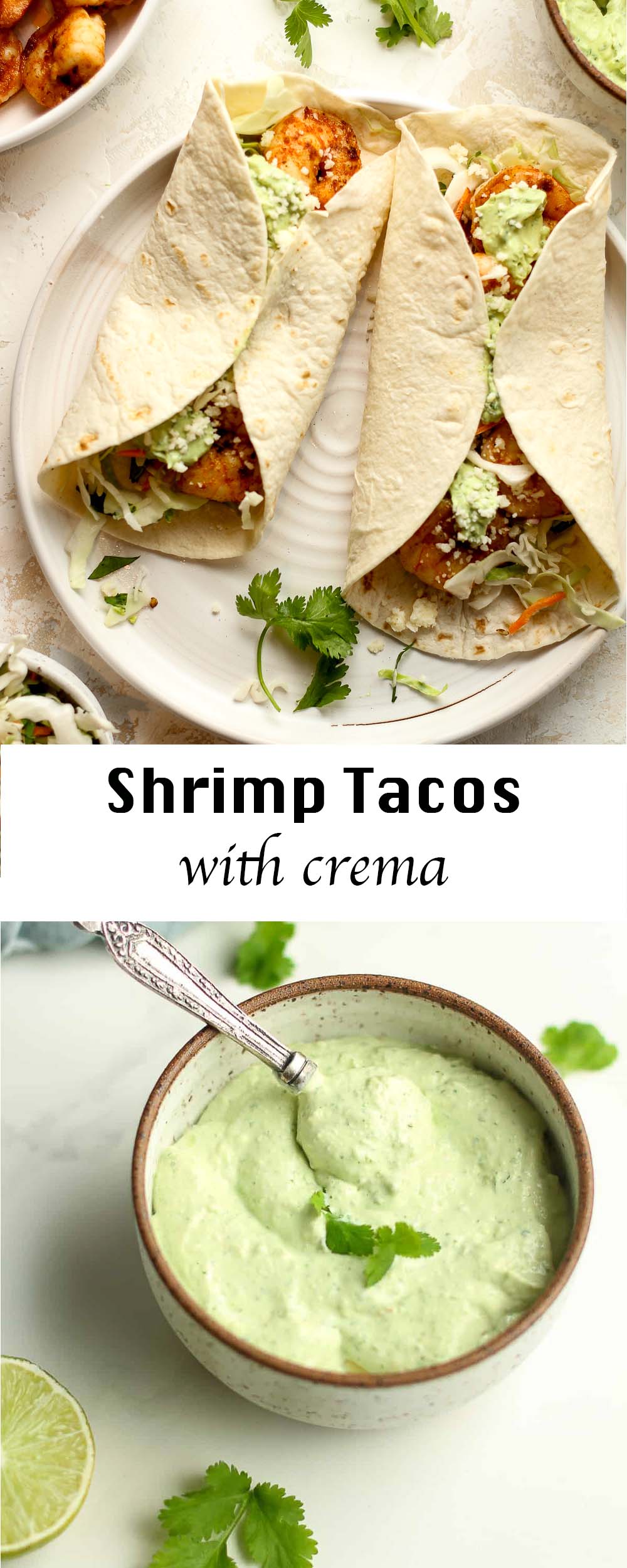 A collage - pic of shrimp tacos and pic of avocado Crema.