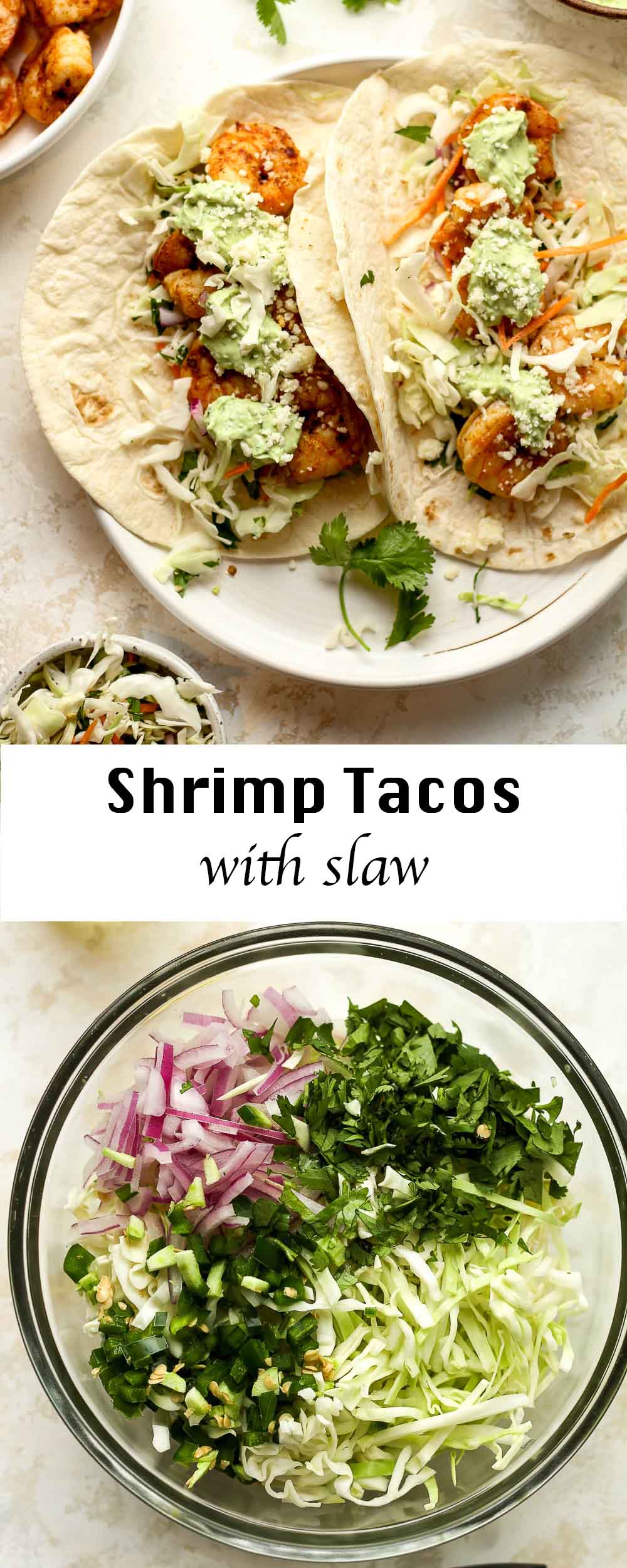 A collage of shrimp tacos with slaw - one of the tacos and one of the slaw.