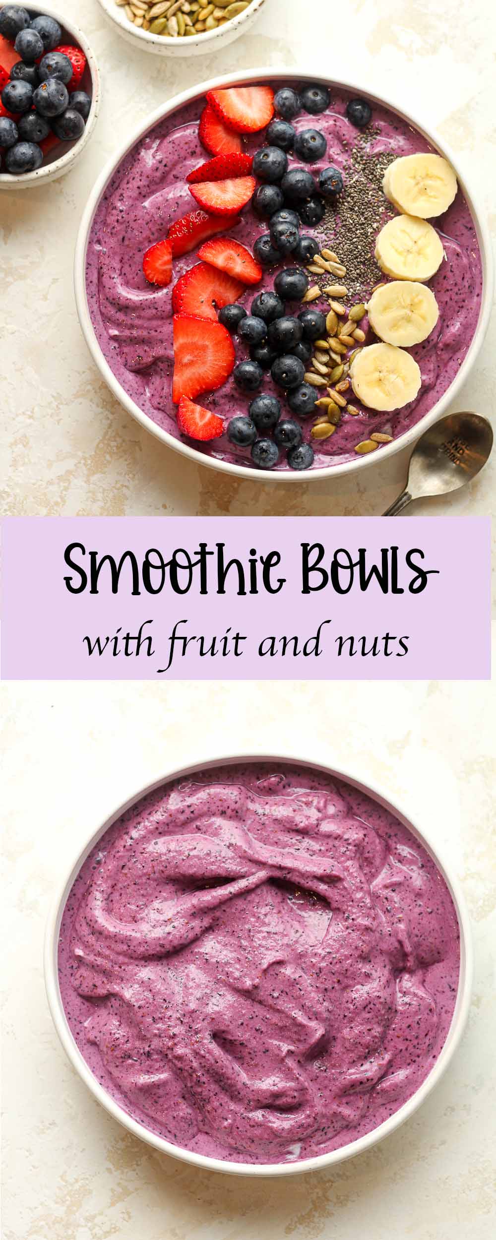 Two photos of smoothie bowls with fruit and nuts.