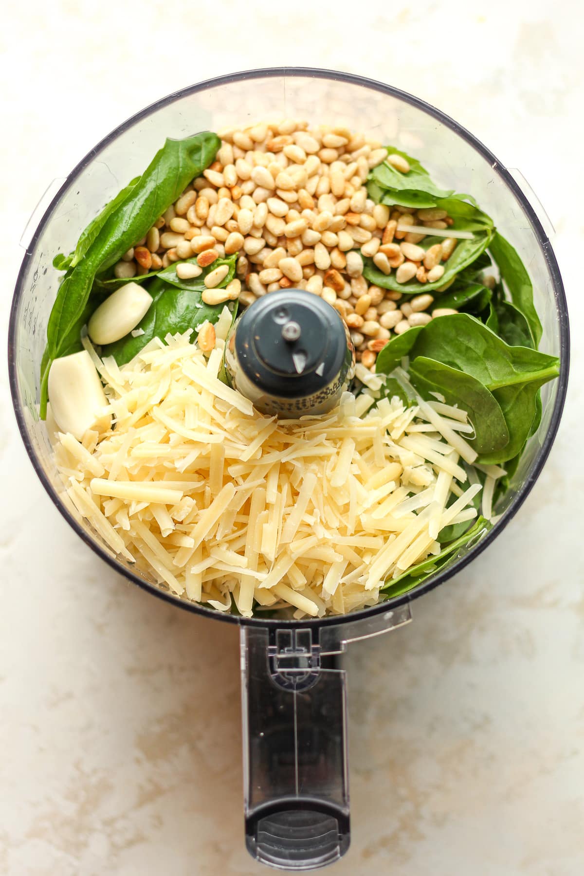 A food processor of the pesto ingredients.