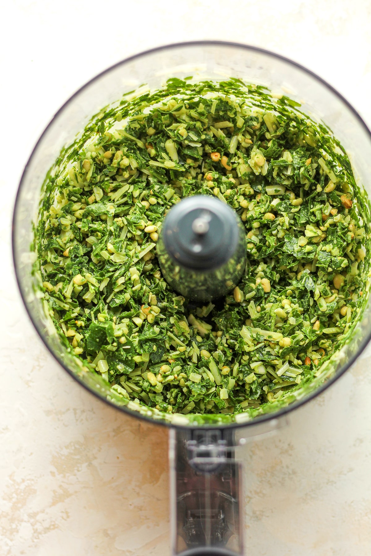 A food processor of the chopped dry pesto ingredients.
