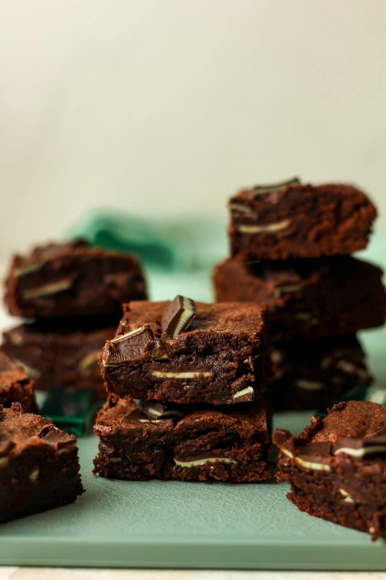 Side view of some stacked Andes chocolate brownies.