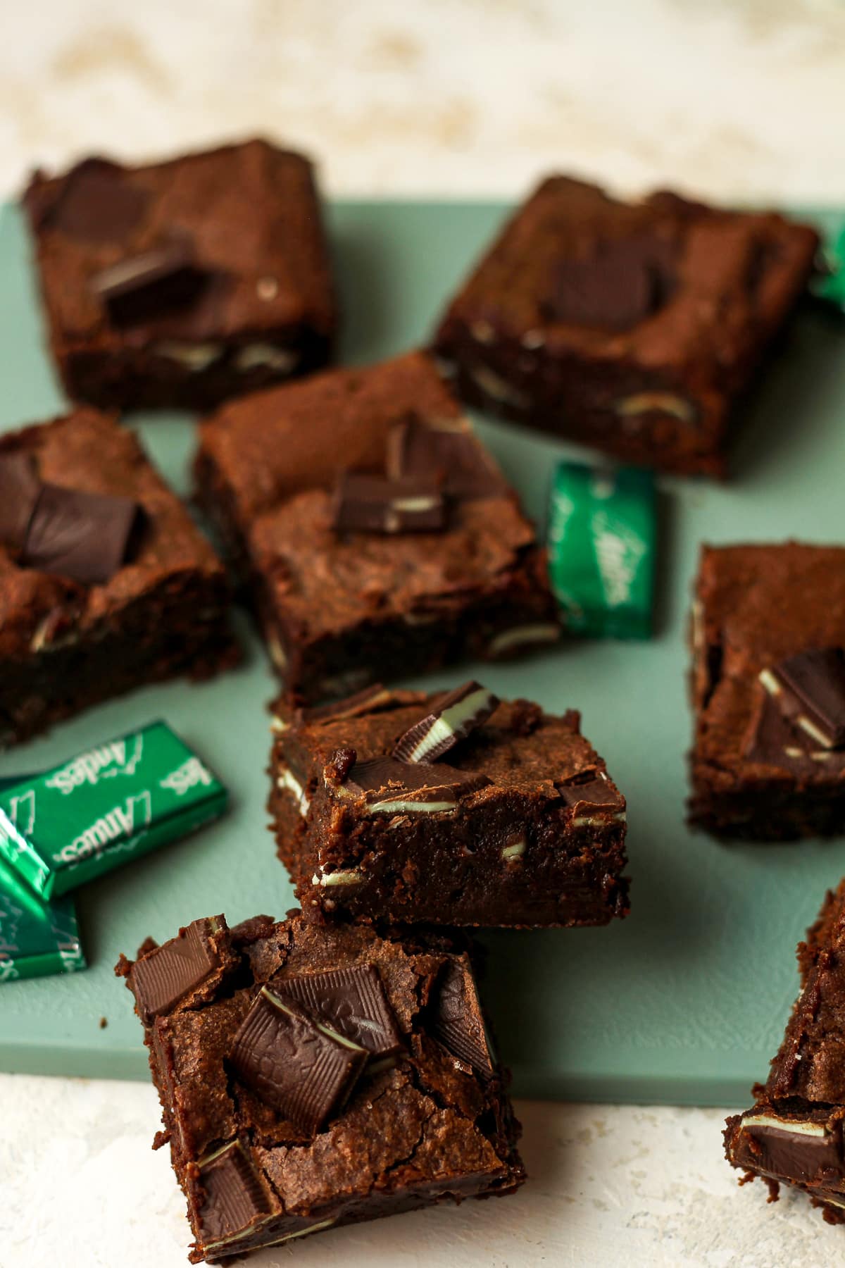 Side view of sliced Andes mint chocolate brownies.