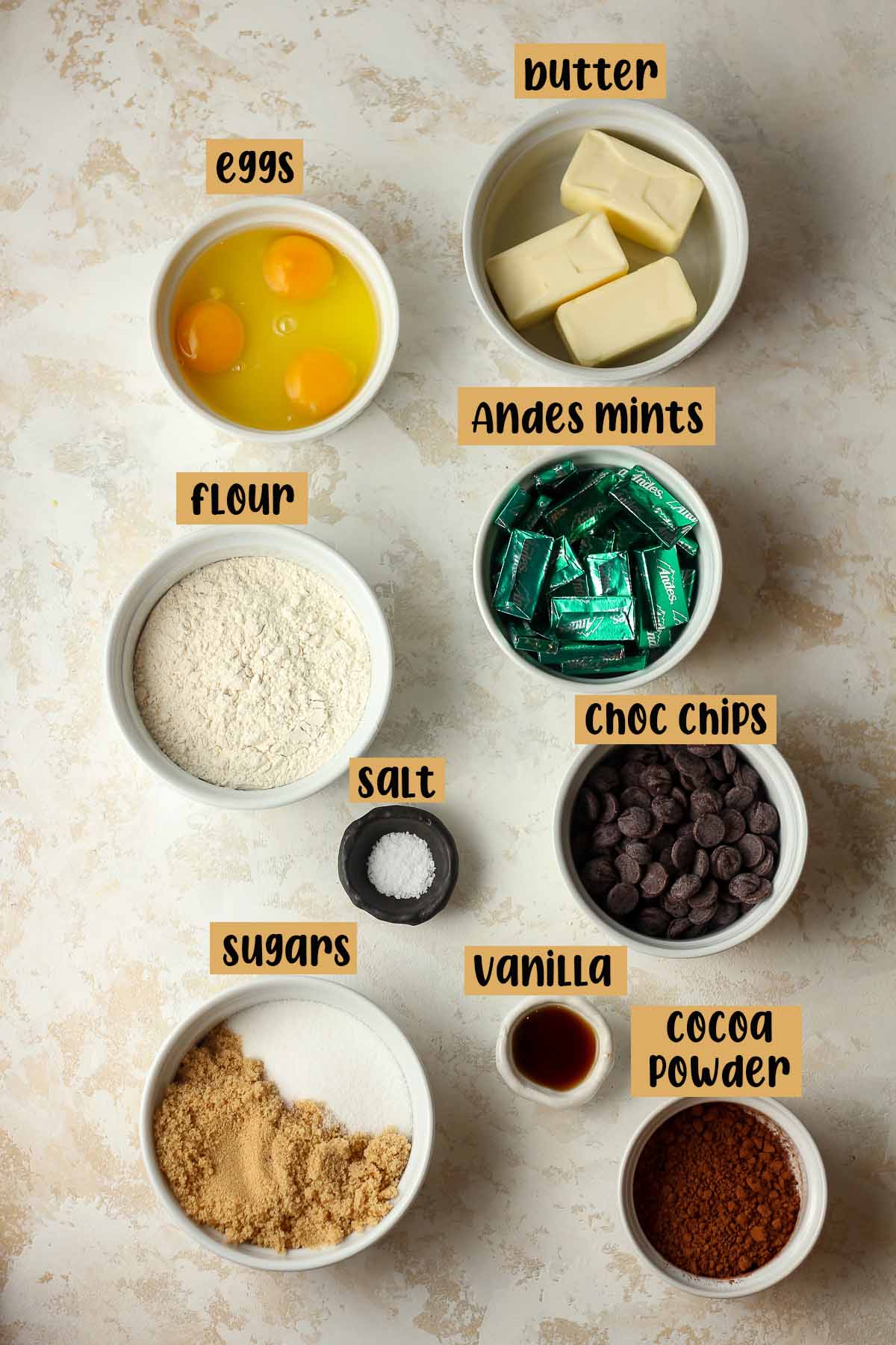 The labeled ingredients for the Andes brownies.