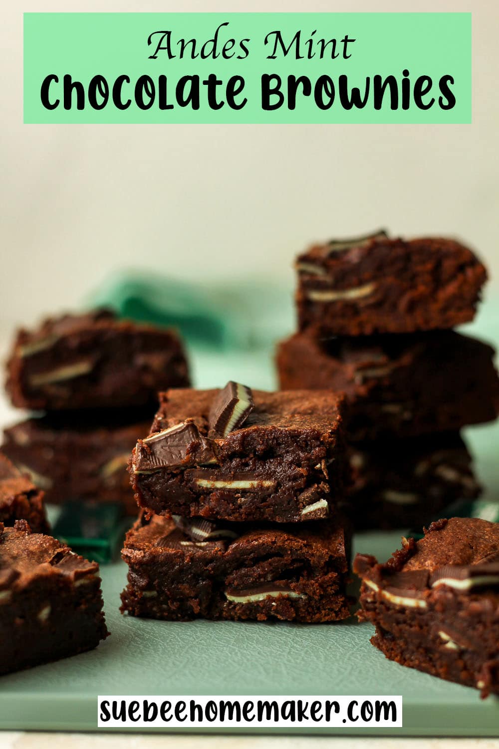 Side view of some stacked Andes Mint chocolate brownies