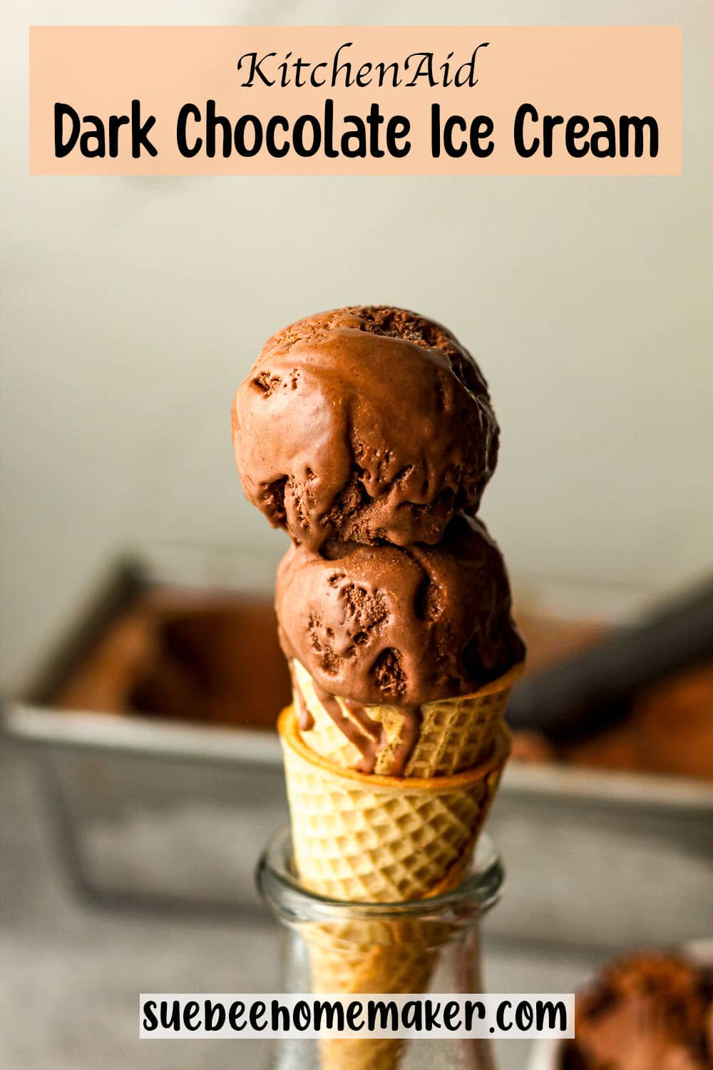 Side view of a sugar cone of KitchenAid dark chocolate ice cream.