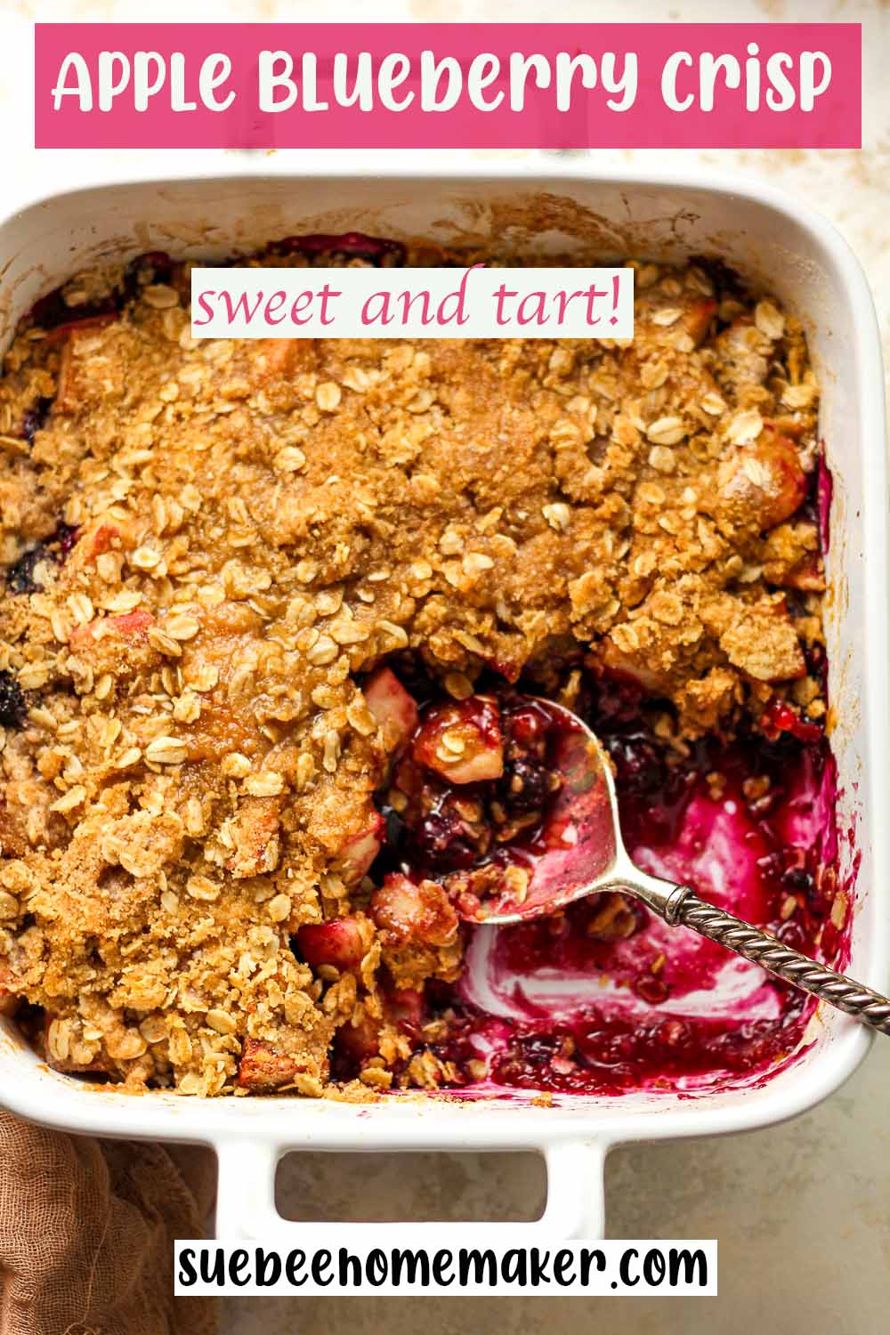 A dish of the apple blueberry crisp with some removed.