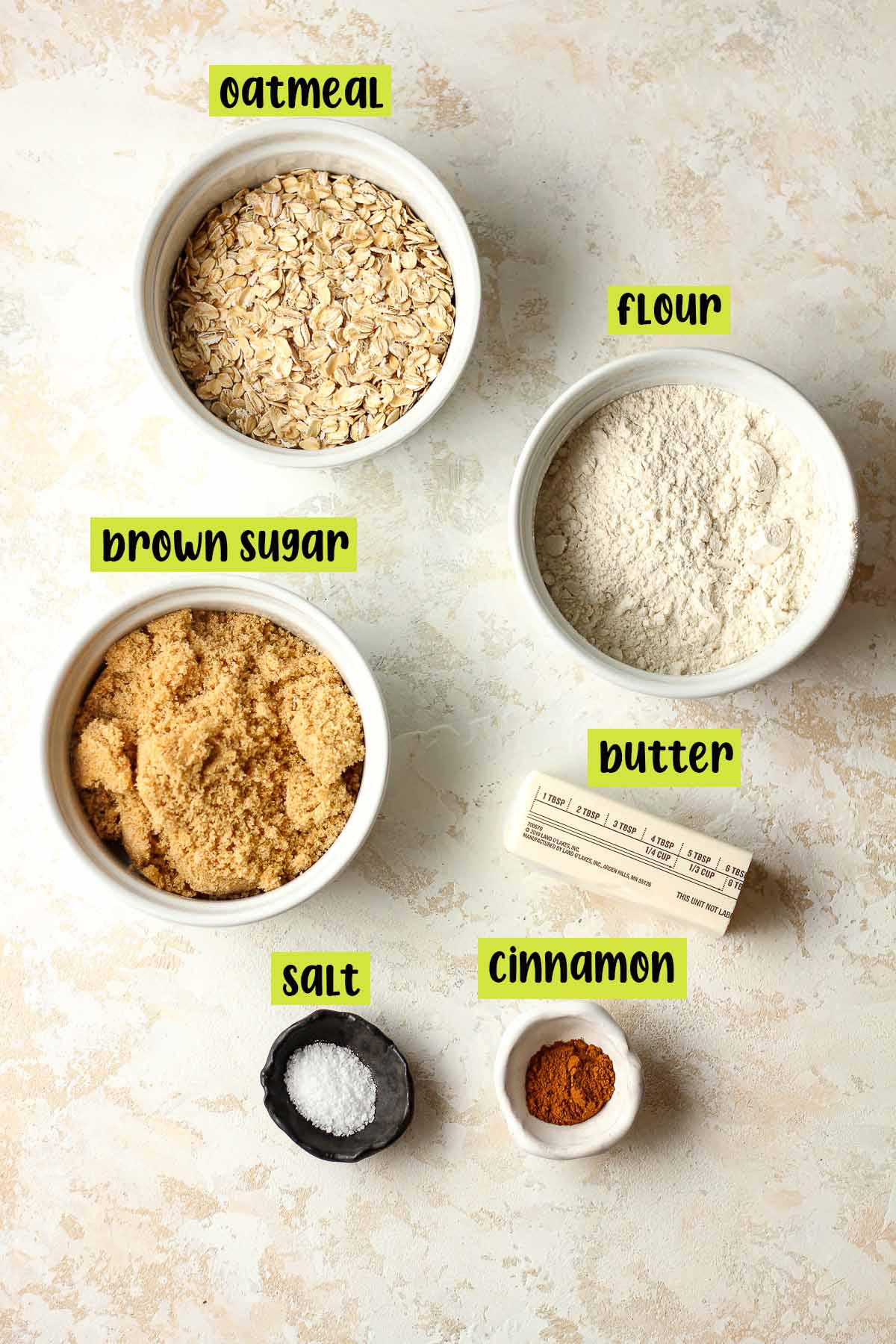 The labeled ingredients for the streusel topping.