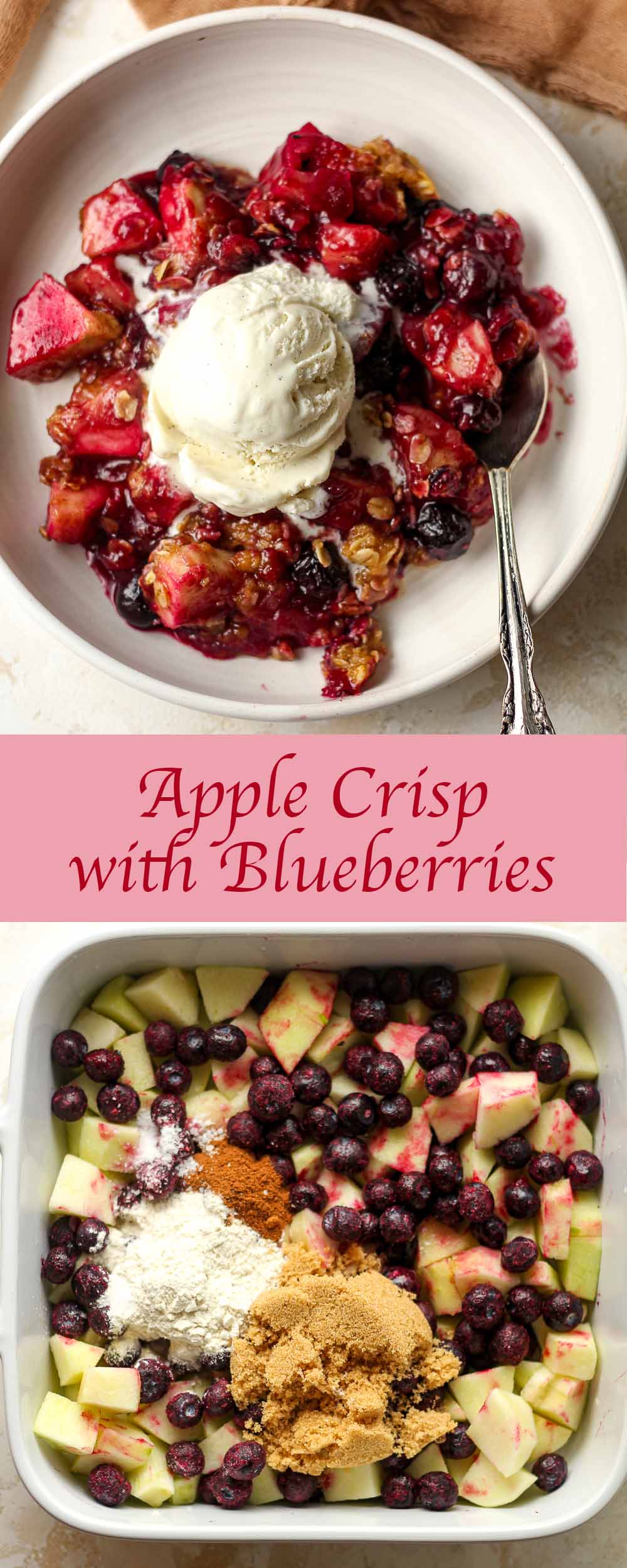 Two photos of the apple crisp with blueberries.